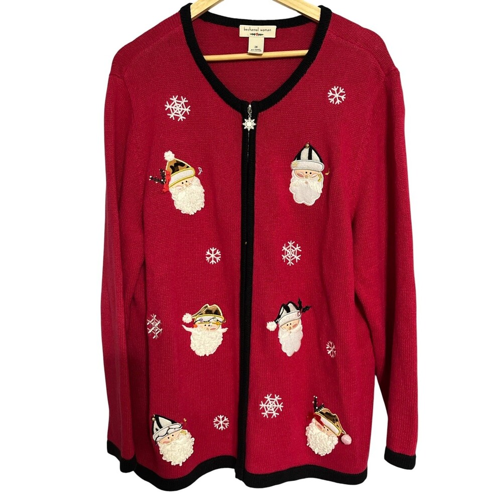 Vintage Bechamel Women Red Christmas Embroidered Santa Cardigan Zip Sweater XL